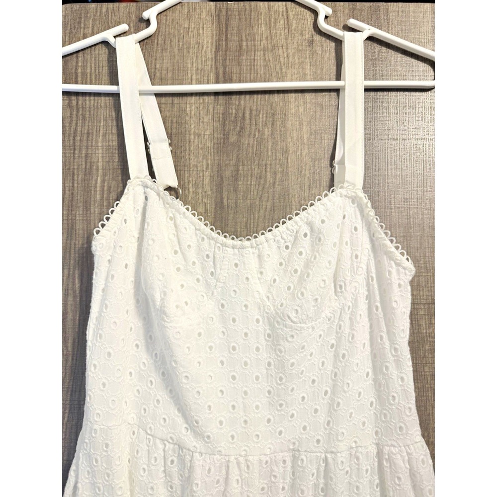 Women's White Eyelet Midi Sundress V-Neck Adjustable Strappy Ruffle Hem